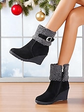 economico Stivali di neve e inverno-stivali da donna con zeppa e risvolto peloso, in pelle scamosciata marrone con cerniera e fibbia, stivali invernali caldi e comodi per il freddo, uscite informali e feste