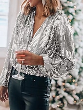Christmas Women's Evening Tops Sequin Tops Solid Color Party Stylish Sexy Long Sleeve V Neck Regular Tops Party Evening Wear Party Outfits Sequins White Pink Blue Gold Spring Fall cheap Dressy Tops-Christmas Women's Evening Tops Sequin Tops Solid Color Party Stylish Sexy Long Sleeve V Neck Regular Tops Party Evening Wear Party Outfits Sequins White Pink Blue Gold Spring Fall