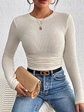 abordables Camiseta lisa-Mujer Pulóveres Pull-over Ropa de calle Casual Color sólido Cuello Barco De Punto Manga Larga Tops regulares Tejer Diario Noche Fin de semana Blanco Primavera Otoño