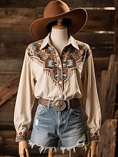 abordables Blusas Florales-Mujer Camisa Blusa Retazos Botones Estampado Graphic Cachemir Abstracto Vintage occidental Casual Manga Larga Cuello Camisero Tops regulares Diario Marrón Beige Verano Primavera Otoño Invierno