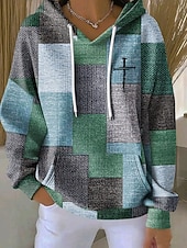 お買い得  ストライプとジオメトリックトップス-女性用 プルオーバー フーディー スウェットシャツ グラフィック 幾何学模様 あたたか ヴィンテージ カジュアル 長袖 フード付き レギュラートップス ストリート 日常着 カジュアル プリント フロントポケット ピンク パープル オレンジ グリーン 秋 冬