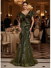 cheap Mermaid Evening Dresses-Mermaid Trumpet Floor Length Beaded Eembroidered Formal Dresses Mother of the Bride Dress Prom Dresses Evening Gown Quinceanera Dresses Ball Gown Elegant Sleeveless V Neck Prom Evening Party Lace