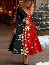 cheap Christmas Dresses-Christmas Women&#039;s Midi Dress A Line Dress Vacation Casual Party Daily Evening Party Regular Fit Graphic Snowflake Long Sleeve V Neck Black Red Fall Winter