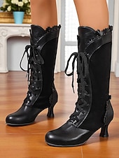cheap 1920s-Women&#039;s Black Victorian Edwardian Style Knee High Lace-Up Boots with Scalloped Trim and Kitten Heel - 1920s Retro Gothic Dress Boots for Ladies, Perfect for Cosplay, Steampunk &amp; Historical Reenactment