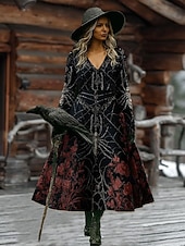 baratos Vestido de Caveira e Osso-Vestido Maxi Feminino Vestido em A Férias Casual Boho Praia Ajuste Regular Floral Gráfico Manga Longa Decote em V Preto Vermelho Escuro Vinho Vermelho Primavera Outono