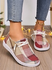 abordables Zapatillas de mujer-Zapatos sin cordones a cuadros para mujer: zapatos casuales y acogedores para Navidad, reuniones de invierno y relajación festiva.