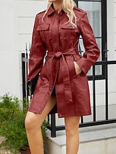 billiga Jackor i konstläder-Dam Imitationsläderjacka Trenchcoat Bekväm Knappar Ledigt Slät Utomhus Semester Helgdag Utekväll Lång Nedvikt Normal Långärmad Ytterkläder Svart Vin Kamel Vår Höst