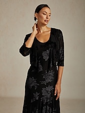  Mulheres encolhe os ombros Floral Elegante Vintage Manga 3/4 Decote V Festa de Noite Convidado do casamento Traje de festa para noite Preto Outono Inverno