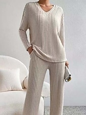 abordables Ensembles chemisiers pour femmes-Femmes Élégant Chaud ancien Ensembles deux pièces manche longue Col en V Couleur Unie Extérieur Occasionnel Quotidien Noir Vert Claire Marron clair Printemps Coupe Ample