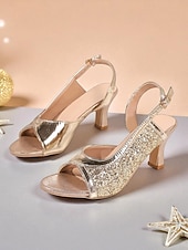 economico Sandali con tacco-scarpe con tacco a spillo e cinturino posteriore con glitter dorati da donna e tacco a blocco spesso: scarpe da festa glamour per la vita notturna e le celebrazioni natalizie