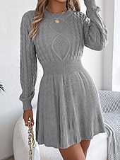 economico Abiti in maglia-Per donna Mini Abito Abiti in tessuto di lino e policotone Abito in maglia Moderno Quotidiano Natale Uscire Vestibilità regolare Semplice Manica Lunga Girocollo Nero Vino Grigio Autunno Inverno