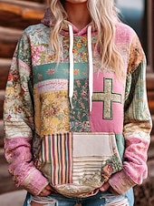 preiswerte Blumen-Hoodies-Damen Kapuzenpullover Druck Fronttasche Blumen Grafik Geometrisch Warm Vintage Lässig Langarm Mit Kapuze Normale Oberteile Lässig Straße Alltagskleidung Blau Rosa Purpur Herbst Winter