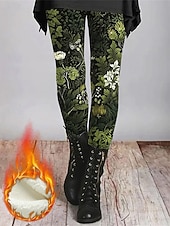 cheap Graphic Leggings-Women's Leggings Cozy Leggings Vintage Fashion Streetwear Full Length High WaistPantsUgly Christmas Floral Graphic Printing Fleece Thermal Warm Comfy Stretchy Outdoor Casual Daily Green Fall Winter