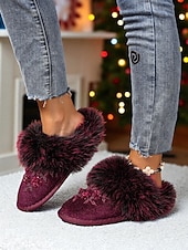 お買い得  レディース・スリッパ＆ビーチサンダル-花の刺繍が施された女性用のバーガンディ色のフェイクファースリッパ - クリスマス、ホリデーギフト、冬のリラックスに最適な、暖かく快適な室内履き