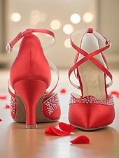 cheap Latin Shoes-Women's Red Satin Ballroom Dance Shoes - Closed Toe Cross Strap High Heel Pumps with Rhinestone Detail for Gatsby Party &amp; Professional Dance Party