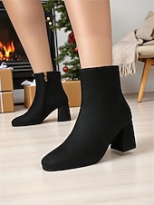 baratos Botas de tornozelo-Botas femininas vermelhas de salto alto com zíper, design elegante de salto grosso, perfeitas para festas de Natal, eventos de feriados e uso diário
