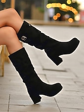 cheap Fashion Boots-Women's Red Suede Slouch Boots with Buckle Detail, Chunky Block Heel, Stylish and Comfortable, Perfect for Winter, Christmas and Casual Occasions