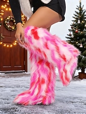 ieftine Cizme de zăpadă și iarnă-cizme până la genunchi din blană artificială pentru femei – imprimeu alb-negru, încălțăminte de iarnă confortabilă pentru vreme rece și stil de sărbătoare la modă