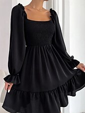 Damen Minikleid Schößchen Kleider Gerafftes Kleid Modern Outdoor Ferien Ausgehen Normale Passform Einfach Langarm Quadrathals Schwarz Wein Armeegrün Leicht Braun Frühling Herbst preiswerte abendkleider-Damen Minikleid Schößchen Kleider Gerafftes Kleid Modern Outdoor Ferien Ausgehen Normale Passform Einfach Langarm Quadrathals Schwarz Wein Armeegrün Leicht Braun Frühling Herbst