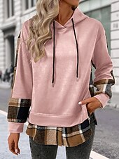 cheap Graphic shop Sweatshirts &amp; Hoodies-Women&#039;s Pullover Hoodie Sweatshirt Plaid Vintage Casual Long Sleeve Hooded Regular Tops Street Casual Sports Drawstring Patchwork Pink Army Green Dark Gray Beige Coffee Fall Winter