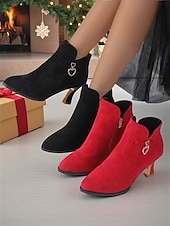 cheap Ankle Boots-Women's Suede Ankle Boots with Rhinestone Heart Charm and Gold Heels, Elegant Pointed Toe Short Boots for Christmas Parties, Winter Outfits &amp; Date Nights