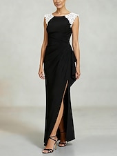 preiswerte abendkleider-Damen Maxikleid Etui-Kleid Wickelkleid Elegant Abendgesellschaft Hochzeit Hochzeitsgast Gerafft Spitze Asymmetrisch Normale Passform Einfarbig Ärmellos Dreiviertelarm V Ausschnitt Schwarz