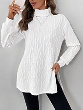 cheap Plain Blouses-Women's Blouse Elegant Vintage Fashion Solid Color Ribbed Turtleneck Textured Split Long Sleeve Long Tops Knit Formal Outdoor Party Black