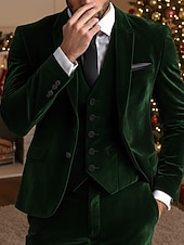  Men's Wedding Party Velvet Suits Peaked Lapel Yellow Burgundy Formal Solid Colored Tailored Fit 3 Piece Single Breasted One-button