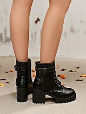 Χαμηλού Κόστους Μπότες μάχης-Γυναικείες λευκές μπότες με χοντρό τακούνι και δετά κορδόνια, κομψές μπότες μάχης με ψηλοτάκουνο και ρυθμιζόμενη αγκράφα, μοντέρνα υποδήματα για casual και υπαίθριες περιστάσεις.