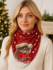 abordables Accessoires de Noël-Écharpe de Noël à imprimé chat pour femme, cache-cou triangle rouge douillet avec motif chaton et bonnet de Père Noël, châle d&#039;hiver doux pour fêtes et cadeaux de fin d&#039;année