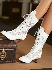  Women's White Victorian Lace-Up Mid-Calf Boots with Chunky Heel - 1900s Vintage Edwardian Style Bridal and Party Footwear