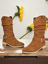 abordables Botas holgadas-Botas holgadas de mujer en marrón oscuro con hebilla: botines informales de tacón bajo para uso diario.