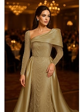 cheap Ball Gown Evening Dresses-A-Line Floor Length Beaded Eembroidered Formal Dresses Mother of the Bride Dress Evening Gown Ball Gown with Overskirt Formal Dress Elegant Silky Long Sleeve Shirt Collar Wedding Formal Satin Sequined