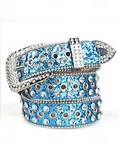 levne Dámský pásek-Dámský vánoční třpytivý pásek – umělá kůže s křišťálovými cvočky a stříbrnou přezkou, slavnostní červený design, ideální pro sváteční outfity