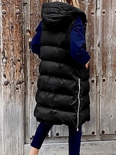 cheap Down Vests-Women&#039;s Winter Coat Down Jacket Vest Warm Comfortable Pocket Buttons Casual Plain Vacation Daily Wear Going out Weekend Long Hooded Regular Fit Sleeveless Outerwear Black Wine Khaki Fall Winter