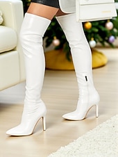 cheap Fashion Boots-Women's Red Glossy Patent Faux Leather Thigh-High Boots with Stiletto Heel and Zipper Detail, Bold and Sexy Style, Perfect for Night Out, Christmas and Fashion-Forward Events