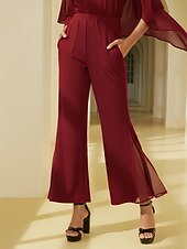  pantaloni da donna in tessuto elasticizzato, pannelli trasparenti in chiffon, gamba svasata, elastico in vita, eleganti, comodi, per tutti i giorni, da lavoro, autunno