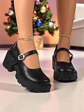 baratos Sapatos Mary Jane-Sapatos plataforma mary jane femininos bordô com tira de fivela, sola grossa, estilo casual e chique para inverno, natal e uso diário