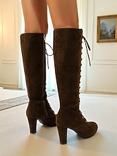  מגפי זמש עם שרוכים עד הברך לנשים, מגפי עקב בלוק בסגנון וינטג' שיק לסתיו &בגדי חורף, קוספליי ולבוש יומיומי