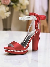 abordables Demoiselle d&amp;#39;honneur-Escarpins à plateforme en satin rose pour femme avec bride cheville en perles et nœud - sandales élégantes à talons hauts pour cocktails et événements formels