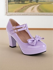 cheap 1950s Retro-Women's 1950s Vintage Patent Faux Leather T-Strap Heels with Bow Detail, Comfortable Chunky Block Heel, Elegant for Parties, Weddings and Special Occasions