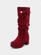 cheap Fashion Boots-Women's Red Suede Slouch Boots with Buckle Detail, Chunky Block Heel, Stylish and Comfortable, Perfect for Winter, Christmas and Casual Occasions