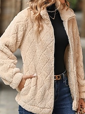 levne Sherpa bundy-Dámské Zimní kabát Teddy Coat Zahřívací Pohodlné Zip Kapsy Na běžné nošení Pevná barva Vánoce Dovolená ulice Ležérní Standardní Přehnutý Běžný Dlouhý rukáv Svrchní oděvy Černá Rubínově červená Khaki