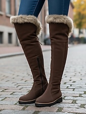 economico Stivali di neve e inverno-stivali da donna sopra il ginocchio in finta pelle scamosciata marrone con rifiniture in pelliccia sintetica: calzature invernali comode ed eleganti per un calore extra