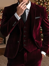  Men's Wedding Party Velvet Suits Peaked Lapel Yellow Burgundy Formal Solid Colored Tailored Fit 3 Piece Single Breasted One-button