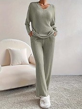 abordables Ensembles chemisiers pour femmes-Femmes Élégant Chaud ancien Ensembles deux pièces manche longue Col en V Couleur Unie Extérieur Occasionnel Quotidien Noir Vert Claire Marron clair Printemps Coupe Ample