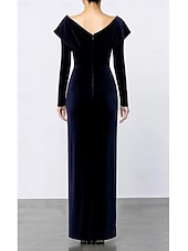 cheap Sheath Evening Dresses-Sheath Column Floor Length Prom Dresses Evening Gown Ball Gown Formal Dress Elegant Vintage Long Sleeve V Neck Wedding Formal Velvet with Pleats Ruffles