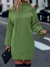 economico Abiti in maglia-Per donna Abito maglione Elegante Casual Morbido Colore Puro A Coste Dolcevita Lavorato a maglia Spalle scoperte Manica Lunga Top Regolari Maglia All'aperto Quotidiano Weekend Nero Verde Autunno