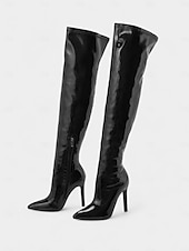 cheap Fashion Boots-Women's Red Glossy Patent Faux Leather Thigh-High Boots with Stiletto Heel and Zipper Detail, Bold and Sexy Style, Perfect for Night Out, Christmas and Fashion-Forward Events