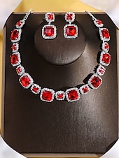 Недорогие Женское ожерелье-Женский комплект украшений из красного кристалла — элегантное ожерелье со стразами и серьги-подвески для рождественской вечеринки, праздничного торжества или вечернего банкета.